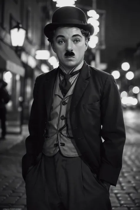 stunning intricate photo of <lyco:Charlie Chaplin_v1.0:1.0> Charlie Chaplin, dynamic pose, nocturne dreamy serene atmosphere, flickering light, photorealistic, epic realistic, soft cinematic light, warm lights, dramatic light, depth of field, faded, low saturation, muted colors, complex background, hyperdetailed, hyperrealism, (skin texture:1.2), sharp focus on eyes. film grain <lora:epi_noiseoffset2:1>