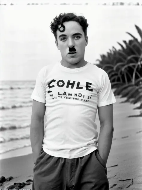 <lyco:Charlie Chaplin_v1.0:1> Charlie Chaplin, posing at the beach, (wearing a white t-shirt:1.3), sharp, bokeh, candid shot, realistic, film grain