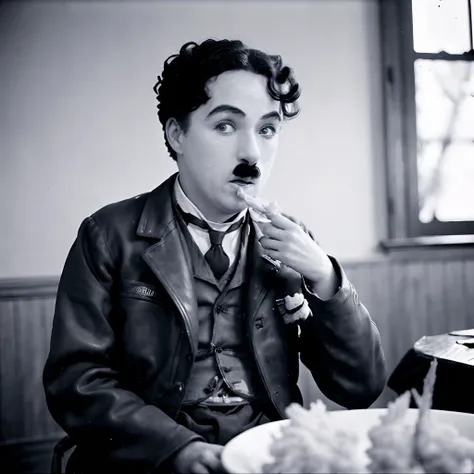 masterpiece, best quality, ultra-detailed, hyperrealistic, 
<lyco:Charlie Chaplin_v1.0:1> , Charlie Chaplin,
wearing a leather jacket and white t-shirt, sharp, bokeh, candid shot, film grain, 
(shrimp tempura:1.4), (eating:1.3), dining room, sitting,