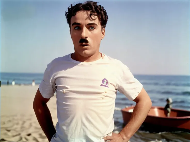 <lyco:Charlie Chaplin_v1.0:1> Charlie Chaplin, posing at the beach, (wearing a white t-shirt:1.3), sharp, bokeh, candid shot, realistic, film grain, colorized, vivid colors, side view