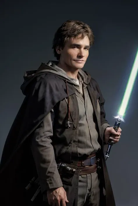 masterpiece, photography, realistic, <lora:drjameswilson:0.8> dr james wilson as a jedi master, lightsaber, cloak, hooded,