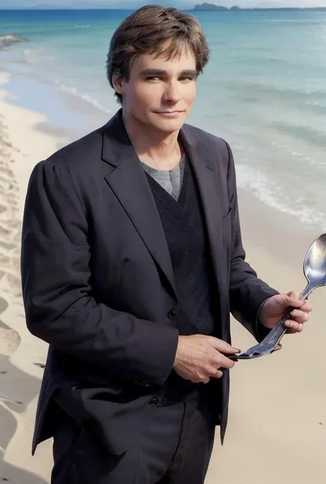 masterpiece, photography, realistic, <lora:drjameswilson:0.8> dr james wilson, on a beach, sea backround, holding a very large spoon,