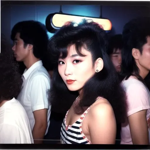 TokyoYouthEighties, disco, girls, Nihongami , 80's dresses, 80's haircuts, short cut, curls, fluffy blowout, Kabukicho, 1980's, old photo, film grain, polaroid, 35mm film, camera flash, people in background, wide shot, (smoke:0.9), detailed skin texture, (blush:0.5), (goosebumps:0.5), subsurface scattering, ((awe and joy expression))