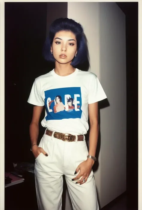 a beautiful woman wearing a tshirt and pants by TokyoYouthEighties <lora:TokyoYouthEighties-000006:1>