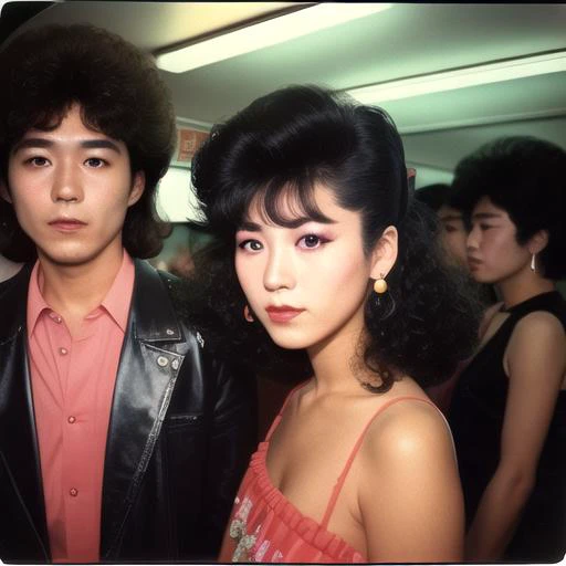 TokyoYouthEighties, disco, girls, Nihongami , 80's dresses, 80's haircuts, curls, fluffy blowout, Kabukicho, 1980's, old photo, film grain, polaroid, 35mm film, camera flash, people in background, wide shot, (smoke:0.9), <lora:TokyoYouthEighties:1>, detailed skin texture, (blush:0.5), (goosebumps:0.5), subsurface scattering