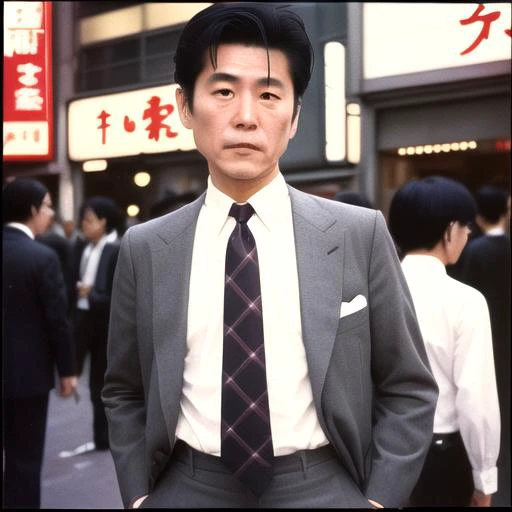 TokyoYouthEighties, 1man, middle-aged Japanese, salaryman, dark grey English suit, looking at watch, white shirt, necktie, posing, 1980's, old photo, film grain, polaroid, (Ginza:1.1), camera flash, people in background, <lora:TokyoYouthEighties:1>, detailed skin texture, (blush:0.5), (goosebumps:0.5), subsurface scattering