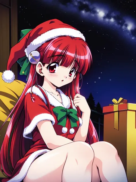 <lora:RISE_Nanako:0.8> Nanako, long_hair, red_hair, red_eyes, bow, bangs, hair_bow, yellow_bow, blunt_bangs, hair_ornament
Christmas, SantaClaus, hat, night, starry sky, sitting,
masterpiece, high quality, very_high_resolution, large_filesize, full color,