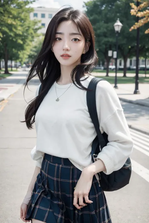 Best quality, masterpiece, ultra high res, (photorealistic:1.4), sharp focus, 1girl, a college girl walking at the park, sunlight, blue sky, clouds, <lora:triplesSohyun:1>, sohyun, stripped black and white sweater, backpack, book, pleated skirt,