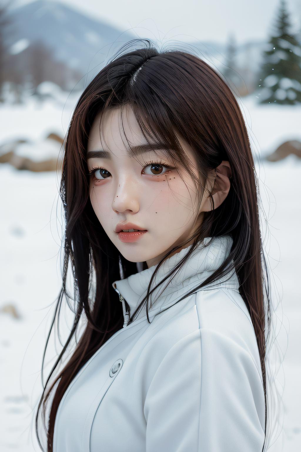 A woman with long hair and a white jacket standing in the snow - SeaArt AI