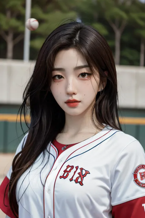 Best quality, masterpiece, ultra high res, (photorealistic:1.4), raw photo, sharp focus, (portrait), facing viewer, <lora:triplesSohyun:1>, sohyun, red lipstick, baseball jersey,