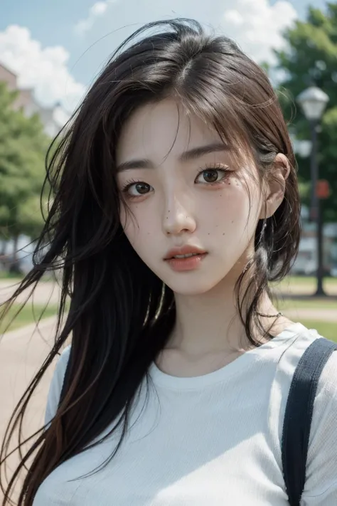 Best quality, masterpiece, ultra high res, (photorealistic:1.4), sharp focus, face close-up, 1girl, a college girl walking at the park, sunlight, blue sky, clouds, <lora:triplesSohyun:1>, sohyun, stripped black and white sweater,