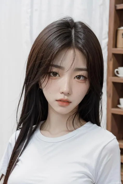 Best quality, masterpiece, ultra high res, (photorealistic:1.4), raw photo, sharp focus, (portrait), facing viewer, <lora:triplesSohyun:1>, sohyun, (wearing white t-shirt, slim-fit jeans:1.1),