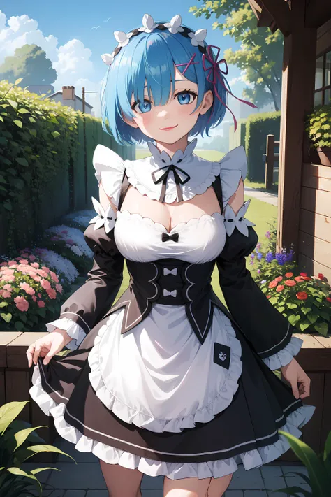 masterpiece, best quality, outdoors, rem ,short hair, x hair ornament, perfect face, blue hair, pink lipstick, detailed face, detailed eyes, perfect hands , large boob, slight smile, looking at viewer , thighs, gradient eyes, long sleeves, detached collar, cleavage, dress, ribbon, hair ribbon, frills, detached sleeves,wide sleeves, apron, black dress, maid, frilled dress, frilled sleeves, waist apron, white apron, pink ribbon, detailed background, garden, flowers ,<lora:rem:0.6> ,  <lora:remtest:0.6> , phRem