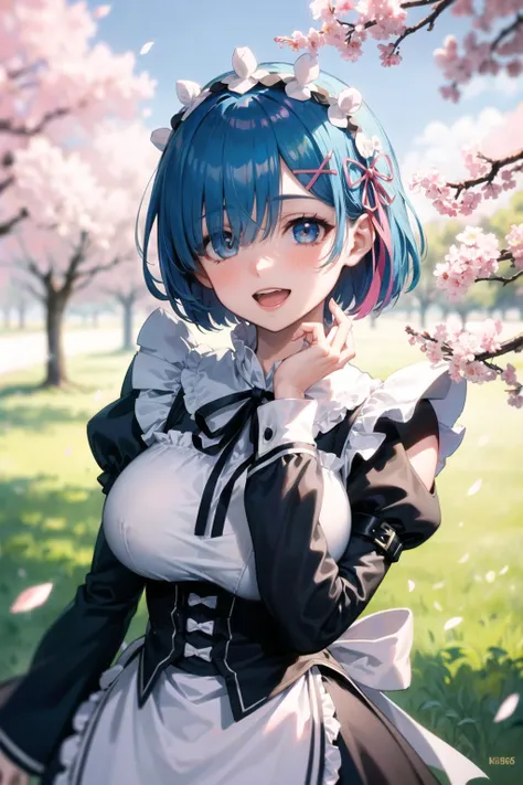 masterpiece, best quality, ultra-detailed, glistening shiny, glowing light, ray tracing, HDR, deph of field, (perfect face, detailed face, detailed eyes,perfect hands),(large boobs:1.2),8k,HD,ultra realistic face,ray tracing,perfect lighting,best quality, ultra-detailed, shiny eyes, (looking at viewer,open mouth smile:1.1), ((1girl)), (mature female:1.4),cowboy shot,thighs,
rem,short hair,((gradient hair)),multicolored eyes, gradient eyes, (glowing eyes:1.3), mascara, (fashion make up), parted lips,hair ornament,long sleeves, dress, ribbon, hair ribbon, flower,frills, detached sleeves,wide sleeves, hair over one eye,apron, black dress, maid, maid headdress, black ribbon, neck ribbon, upper teeth only,frilled dress, x hair ornament, frilled sleeves, waist apron, white apron, pink ribbon,roswaal mansion maid uniform,
((middle of the school, school's yard, cherry trees, cherry blossoms, school)),(complex background, many elements in the background:1.2),((super detailed background)), dynamic poses, ((8k wallpaper)) , <lora:rem:1>