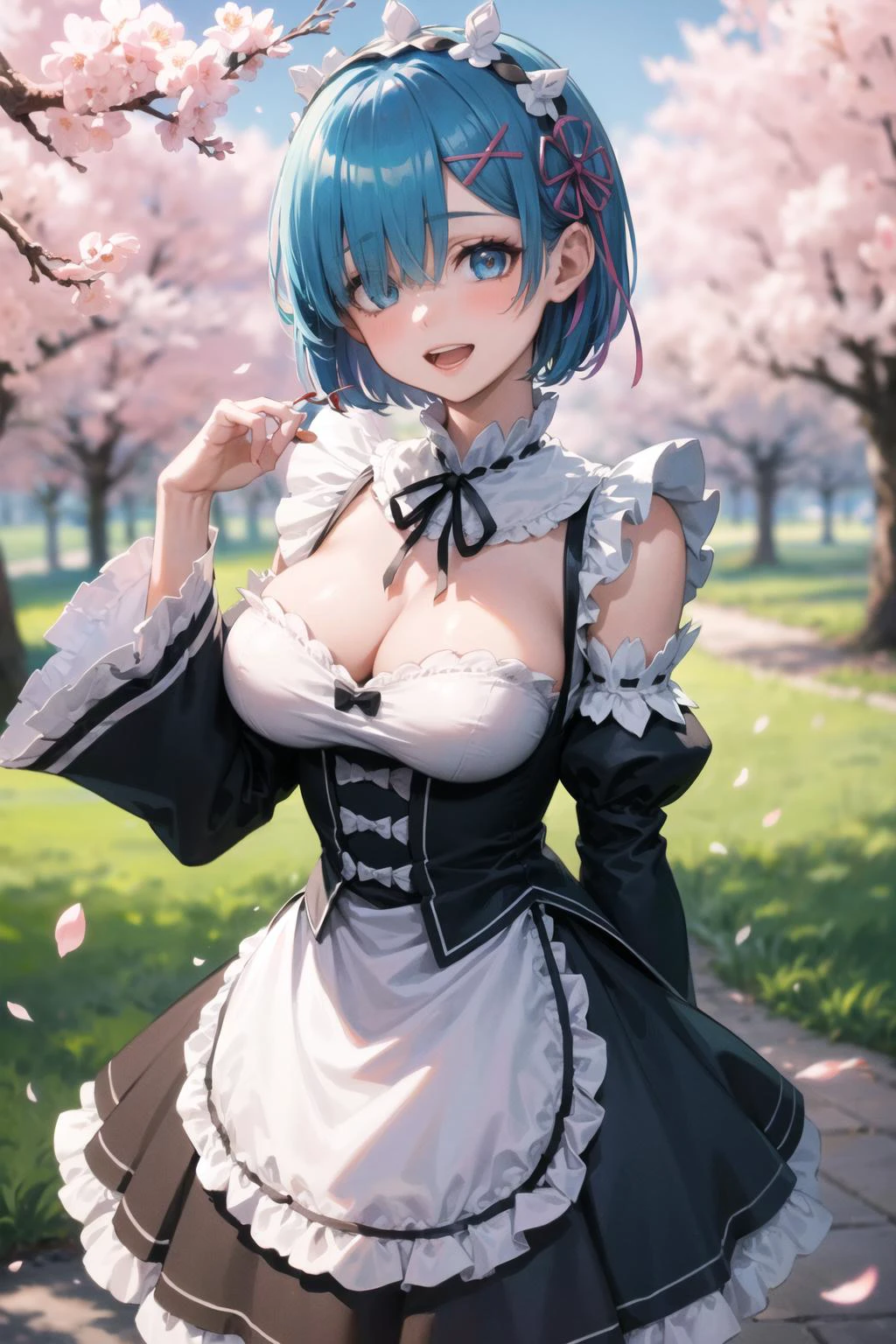 masterpiece, best quality, ultra-detailed, glistening shiny, glowing light, ray tracing, HDR, deph of field, (perfect face, detailed face, detailed eyes,perfect hands),(large boobs:1.2),8k,HD,ultra realistic face,ray tracing,perfect lighting,best quality, ultra-detailed, shiny eyes, (looking at viewer,open mouth smile:1.1), ((1girl)), (mature female:1.4),cowboy shot,thighs,
rem,short hair,((gradient hair)),multicolored eyes, gradient eyes, (glowing eyes:1.3), mascara, (fashion make up), parted lips,hair ornament,long sleeves, dress, ribbon, hair ribbon, flower,frills, detached sleeves,wide sleeves, hair over one eye,apron, black dress, maid, maid headdress, black ribbon, neck ribbon, upper teeth only,frilled dress, x hair ornament, frilled sleeves, waist apron, white apron, pink ribbon,roswaal mansion maid uniform,
((middle of the school, school's yard, cherry trees, cherry blossoms, school)),(complex background, many elements in the background:1.2),((super detailed background)), dynamic poses, ((8k wallpaper)) , <lora:rem:1>
