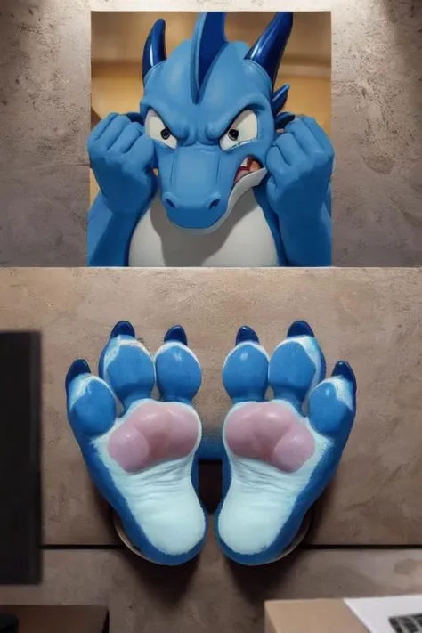 (((photo real))), detailed, masterpiece, (cute), dynamic lighting, cartoon,
blue dragon and white dragon, buff, chubby,
((through wall)), ((foot paw focus)), soles toward viewer, (toe wiggle), cute paws,
monitor, live feed,
two foot paws with ((exactly three toes)),
angry, shy, embarrassed, confused, scared,