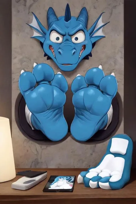 ((photo real)), detailed, masterpiece, (cute), dynamic lighting, cartoon,
blue dragon and white dragon, buff, chubby,
((through wall)), ((foot paw focus)), soles toward viewer, (toe wiggle), cute paws,
monitor, live feed,
two foot paws with ((exactly three toes)),
angry, shy, embarrassed, confused,