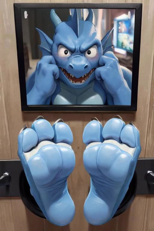 ((photo real)), detailed, masterpiece, (cute), dynamic lighting, cartoon,
blue dragon and white dragon, buff, chubby,
((through wall)), ((foot paw focus)), soles toward viewer, (toe wiggle), cute paws,
(monitor, live feed),
two foot paws with ((exactly three toes)),
angry, shy, embarrassed, confused, scared, shy,