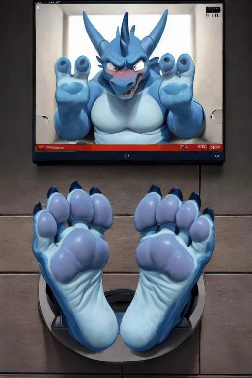 ((photo real)), detailed, masterpiece, (cute), dynamic lighting, cartoon,
blue dragon and white dragon, buff, chubby,
((through wall)), ((foot paw focus)), soles toward viewer, (toe wiggle),
monitor, live feed,
two foot paws with ((exactly three toes)),
angry, mad, embarrassed, shy, shaking, afraid, blushing,