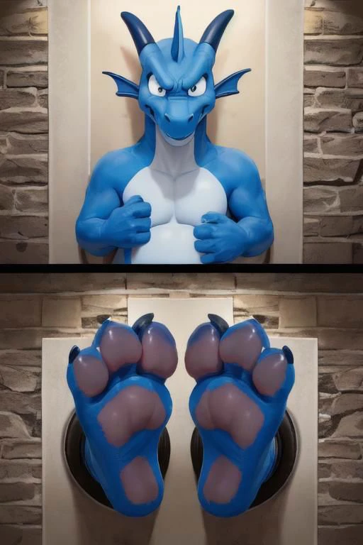 (((photo real))), detailed, masterpiece, (cute), dynamic lighting, cartoon,
blue dragon and white dragon, buff, chubby,
((through wall)), ((foot paw focus)), soles toward viewer, (toe wiggle), cute paws,
monitor, live feed,
two foot paws with ((exactly three toes)),
angry, shy, embarrassed, confused, scared,