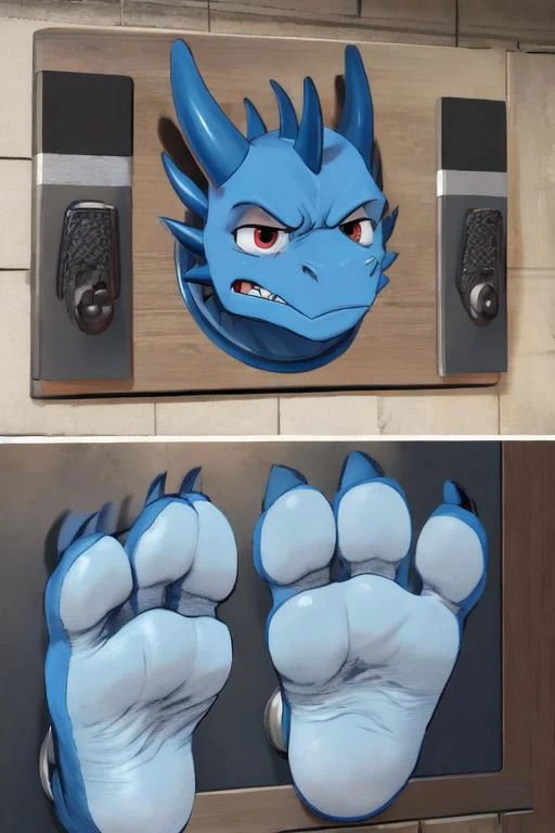 ((photo real)), detailed, masterpiece, (cute), dynamic lighting, cartoon,
blue dragon and white dragon, buff, chubby,
((through wall)), ((foot paw focus)), soles toward viewer, (toe wiggle), cute paws, paw wiggle, toe scrunch,
(monitor, live feed),
two foot paws with ((exactly three toes)),
angry, shy, embarrassed, confused, scared, shy, blushing,