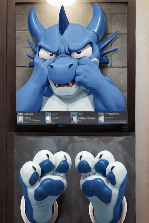 ((photo real)), detailed, masterpiece, (cute), dynamic lighting, cartoon,
blue dragon and white dragon, buff, chubby,
((through wall)), ((foot paw focus)), soles toward viewer, (toe wiggle), cute paws, paw wiggle,
(monitor, live feed),
two foot paws with ((exactly three toes)),
angry, shy, embarrassed, confused, scared, shy,
