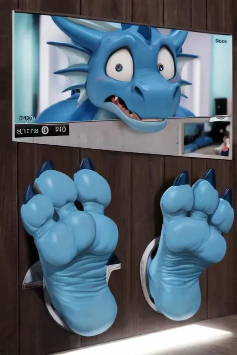((photo real)), detailed, masterpiece, (cute), dynamic lighting, cartoon,
blue dragon and white dragon, buff, chubby,
((through wall)), ((foot paw focus)), soles toward viewer, (toe wiggle), cute paws,
monitor, live feed,
two foot paws with ((exactly three toes)),
angry, shy, embarrassed, confused,