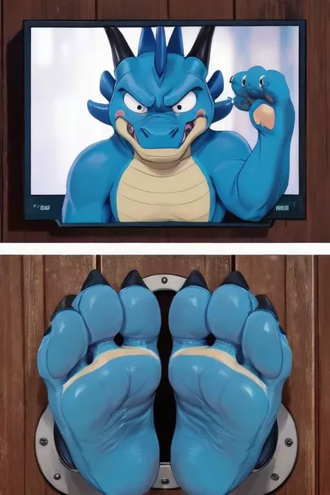 ((photo real)), detailed, masterpiece, (cute), dynamic lighting, cartoon,
blue dragon and white dragon, buff, chubby,
((through wall)), ((foot paw focus)), soles toward viewer, (toe wiggle), cute paws, paw wiggle,
(monitor, live feed),
two foot paws with ((exactly three toes)),
angry, shy, embarrassed, confused, scared, shy,