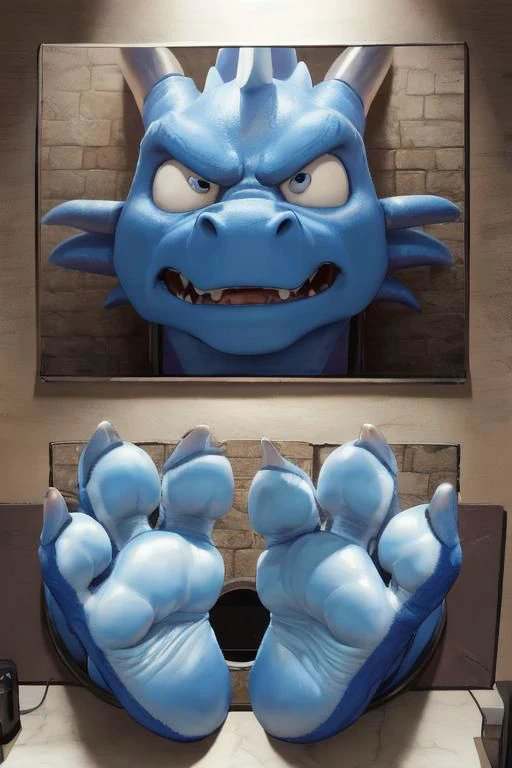 (((photo real))), detailed, masterpiece, (cute), dynamic lighting, cartoon,
blue dragon and white dragon, buff, chubby,
((through wall)), ((foot paw focus)), soles toward viewer, (toe wiggle), cute paws,
monitor, live feed,
two foot paws with ((exactly three toes)),
angry, shy, embarrassed, confused, scared,