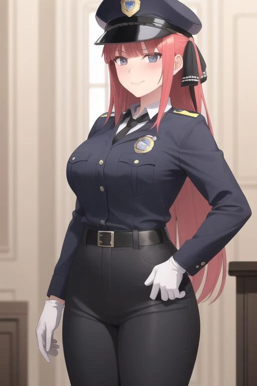 (very detailed background:1.0), (highly detailed background:1.0), (Masterpiece), High Quality, (1girl, solo),
pink hair, long hair, hair ribbons, police women, blue shirt, badge on arm, white gloves, (black tie), dark blue trousers, black belt, police hat,
standing, blush, seductive smile, indoors, seductive pose, <lyco:Ninov2-04:0.4>