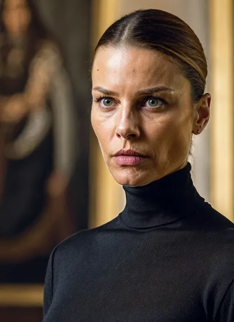A stunning intricate full color portrait of (sks woman:1) in Rome, at the Vatican City, wearing black turtleneck, epic character composition, sharp focus, natural lighting, subsurface scattering, f2, 35mm, film grain, , by Jimmy Nelson, <lora:locon_laurengerman_v1_from_v1_64_32:1>