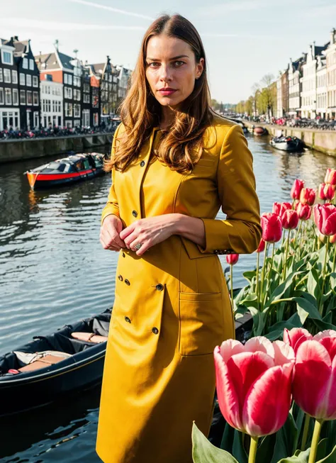 portrait of sks woman in Amsterdam, by the canals with tulips in the foreground, by Flora Borsi, style by Flora Borsi, bold, bright colours, ((Flora Borsi)), by Andreas Gursky, <lora:locon_laurengerman_v1_from_v1_64_32:1>