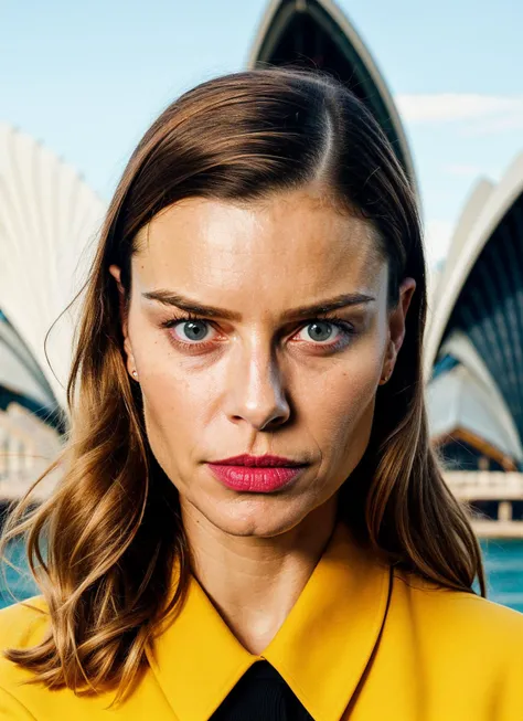 portrait of sks woman in Sydney, at the Sydney Opera House, by Flora Borsi, style by Flora Borsi, bold, bright colours, ((Flora Borsi)), by Gerda Taro, <lora:locon_laurengerman_v1_from_v1_64_32:1>