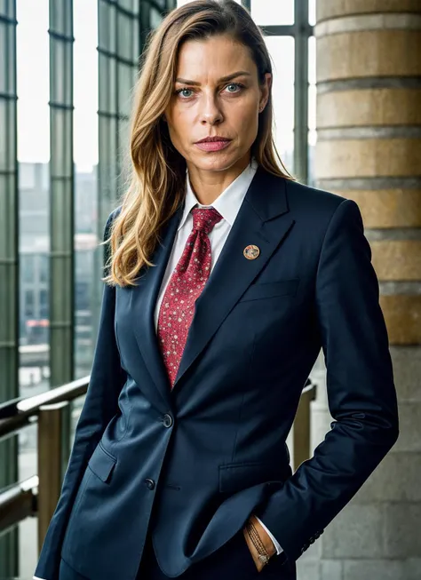 A stunning intricate full color portrait of (sks woman:1) in Berlin, at the Reichstag building, wearing Suit and tie, epic character composition, sharp focus, natural lighting, subsurface scattering, f2, 35mm, film grain, , by Andreas Gursky, <lora:locon_laurengerman_v1_from_v1_64_32:1>