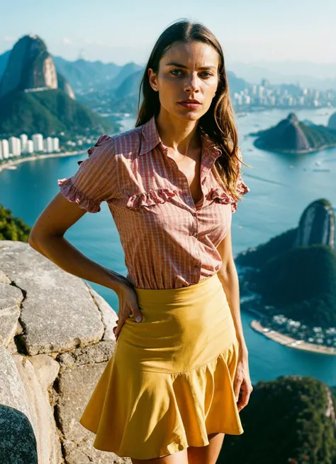 A stunning intricate full color portrait of (sks woman:1) in Rio de Janeiro, at the Sugarloaf Mountain, wearing Ruffled skirt and button-down shirt, epic character composition, sharp focus, natural lighting, subsurface scattering, f2, 35mm, film grain, , by Dorothea Lange, <lora:locon_laurengerman_v1_from_v1_64_32:1>