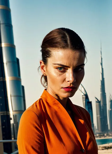 portrait of sks woman in Dubai, at the Burj Khalifa, by Flora Borsi, style by Flora Borsi, bold, bright colours, ((Flora Borsi)), by Gerda Taro, <lora:locon_laurengerman_v1_from_v1_64_32:1>