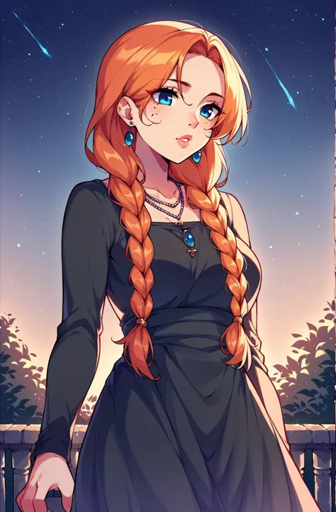 score_9,score_8_up,score_7_up,score_6_up,score_5_up,score_4_up source_questionable, 1girl,solo,long hair,blue eyes,long sleeves,dress,jewelry,braid,earrings,outdoors,sky,necklace,orange hair,black dress,twin braids,lips,night,facial mark,night sky,freckles <lora:Dev_Voxy-v1-PDXL:0.8>,