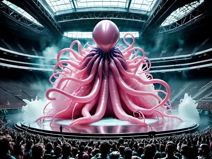 <lora:1987 Action Figure Playset Packaging:0.8> 8k action sci-fi marvel film (dark-lit cinematic surface colors) still of arena stadium event with panic crowd fighting an alien creature monster with giant translucent overflowing alien head with fractured inflated cranium and exposed brain, electrical tentacles outstretched drain the audience crowd of their life-force, 4k surreal pastel neon chillwave, bodyhorror splash, ultra-detailed 3d pink liquids,, <lora:inflated:0.9>