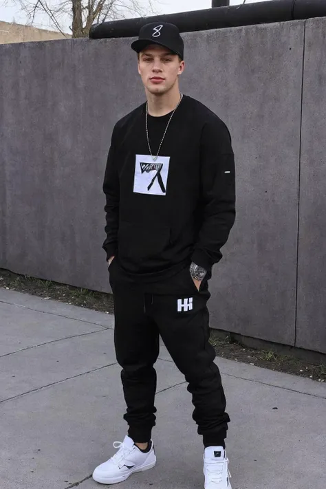 photo of Caucasian man, relaxed confident pose, <lora:Mike-Bobola:0.8>, wearing black urban streetwear, simple background, smirk, fashion editorial, hypebeast, wearing edg90hh_clothing <lora:edg90hh:0.9>