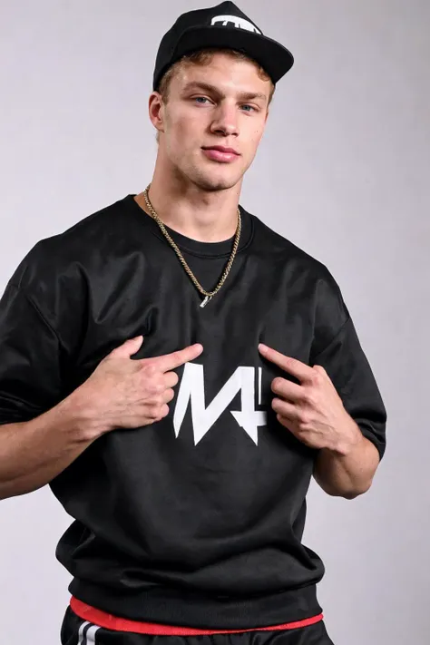 photo of Caucasian man, relaxed confident pose, <lora:Mike-Bobola:0.8>, wearing black urban streetwear, simple background, smirk, fashion editorial, hypebeast, wearing edg90hh_clothing <lora:edg90hh:0.9>