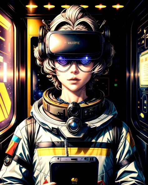 (extremely detailed 8k),(masterpiece), (best quality), portrait of a Resilience Virtual Reality Gamer wearing champagne, hazel, thistle Wig and gray, lavender, olive Smart Glasses, Brass Gears,Cyber Security, Old Port, Space Station Command, Orbital Transport, surreal, smooth and sharp details, <lora:add_detail:1.4> <lora:anmnr01:0.3>