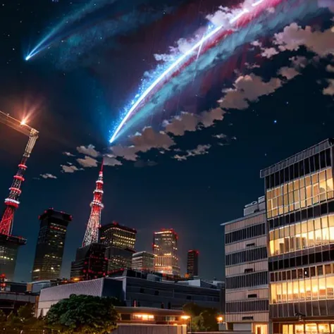 shinkai makoto, kimi no na wa., air conditioner, antennae, architecture, building, cable, city, cloud, cloudy sky, comet, crane (machine), house, industrial pipe, japan, light, night, night sky, no humans, outdoors, pipeline, satellite dish, shinjuku (tokyo), sky, star (sky), tokyo (city), night, outdoor, glowing, peaceful <lora:makotoShinkaiSubstyles_offset:1>