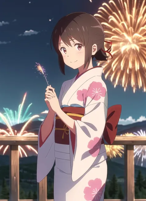 shinkai makoto, kimi no na wa., 1girl, aerial fireworks, bangs, blue kimono, blush, brown hair, fireworks, floral print, hair ribbon, japanese clothes, kimono, looking at viewer, mountainous horizon, night, night sky, obi, outdoors, playing with own hair, print kimono, red ribbon, ribbon, sash, short hair, sky, smile, solo, summer festival, yukata <lora:shinkai_makoto_offset:1>