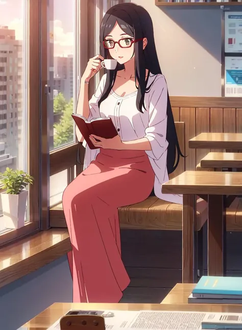 <lora:shinkai_makoto_offset:1>1 girl with glasses, white long hair, reading a book, coffee shop