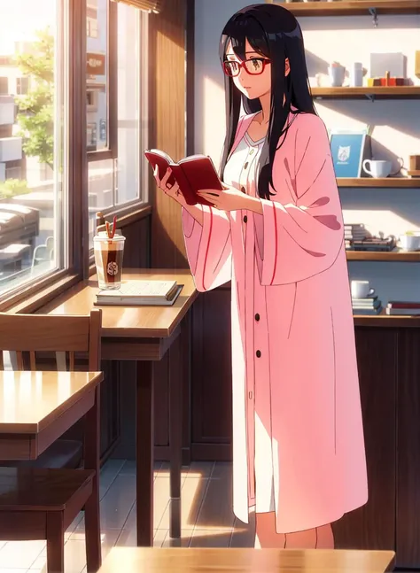 <lora:shinkai_makoto_offset:1>1 girl with glasses, white long hair, reading a book, coffee shop