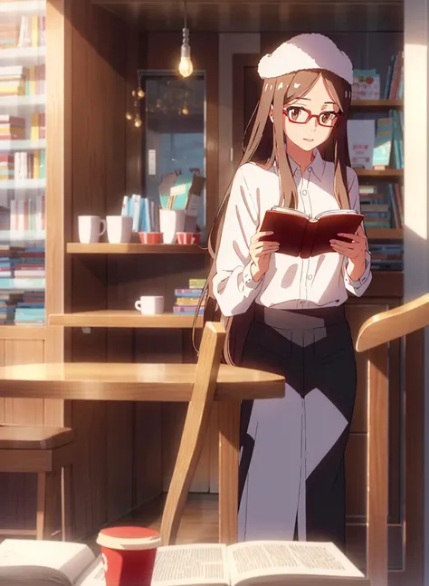 <lora:shinkai_makoto_offset:1>1 girl with glasses, white long hair, reading a book, coffee shop