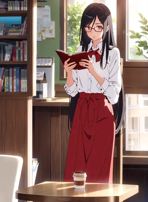<lora:shinkai_makoto_offset:1>1 girl with glasses, white long hair, reading a book, coffee shop