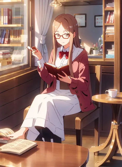 <lora:shinkai_makoto_offset:1>1 girl with glasses, white long hair, reading a book, coffee shop
