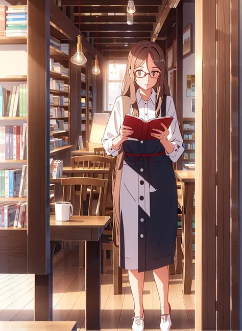 <lora:shinkai_makoto_offset:1>1 girl with glasses, white long hair, reading a book, coffee shop