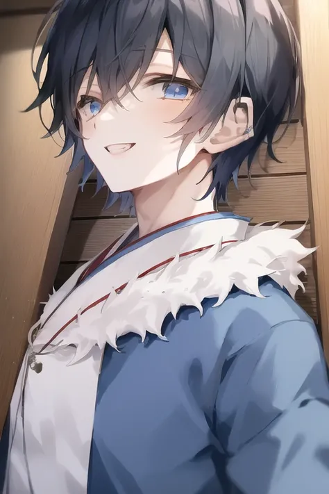 masterpiece, aoi-Odisann a man in japanese clothing, cabin, ((1boy)), blue_eyes, very short hair, japanese_clothes, looking_at_viewer, male_focus, open_mouth, smile, solo, upper_body, dynamic shot, <hypernet:myhands_22k:0.75> <lora:Aoi-Odisann:0.75>